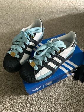 Adidas Shell Toe Sneakers in Black, White & Light Blue